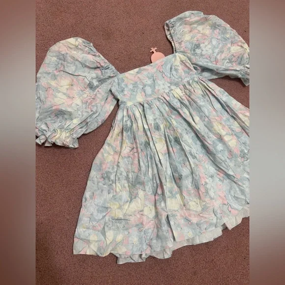 New small selkie pastel blue flower dress short poof sleeve dress gown - Picture 2 of 7